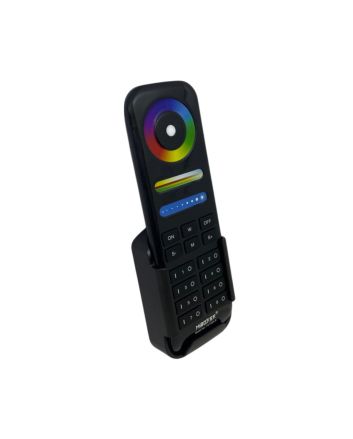 Vista frontale del telecomando LED FUT089 Nero con ruota touch RGB e tasti funzione
